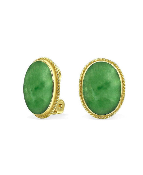 7CT Oval Cabochon Oval Dyed Green Jade Rope Cable Bezel 14K Gold Plated .925 Sterling Silver Clip On Earrings For Women Clip Only Is Alloy