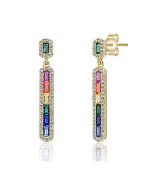 Sterling Silver 14K Gold Plated Multi-Colored Cubic Zirconia Linear Dangle Earrings