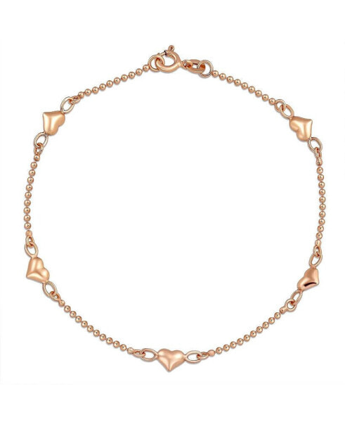 Multi Puff Station Hearts Charm Anklet Ankle Bracelet For Women Teen Beaded Ball Chain Rose Gold Vermeil .925 Sterling Silver 9 Inch Flexible