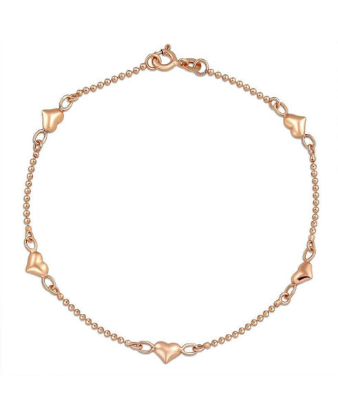 Multi Puff Station Hearts Charm Anklet Ankle Bracelet For Women Beaded Ball Chain Rose Gold Vermeil Sterling Silver 9 Inch Flexible