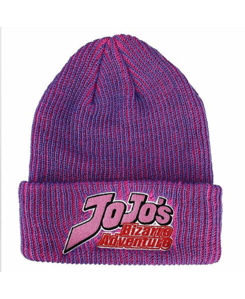 Men's JoJo's Bizarre Logo Flat Embroidery on Pink Purple Two-Tone Ribbed Acrylic Knitted Beanie Hat