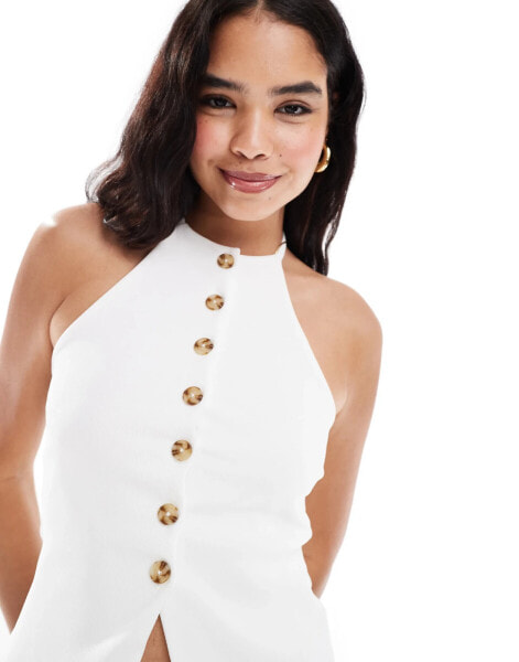 ASOS DESIGN ribbed button through halter waistcoat top in white