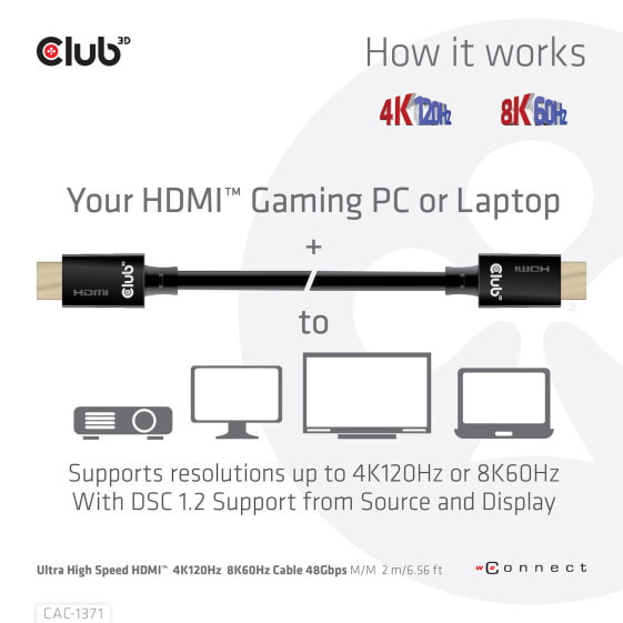 Кабель HDMI высокоскоростной Club 3D Ultra High Speed 4K120Гц - 8K60Гц Certified 48Gbps M/M 1 м/3.28 фута - 1 м - HDMI Type A (Standard) - HDMI Type A (Standard) - 10240 x 4320 пикселей - 3D - черный