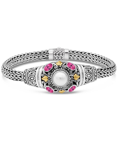 Pink Topaz & Freshwater Cultured Pearl Bali Filigree with Dragon Bone Chain Bracelet in Sterling Silver and 18K Gold, Medium 7.5 in