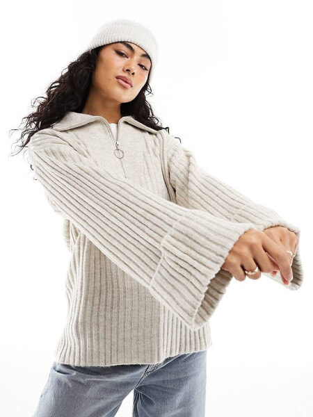 Pieces high neck quarter zip knitted jumper in light beige