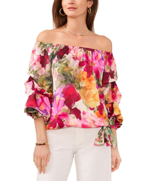 Plus Size Floral Off The Shoulder Bubble Sleeve Tie Front Blouse