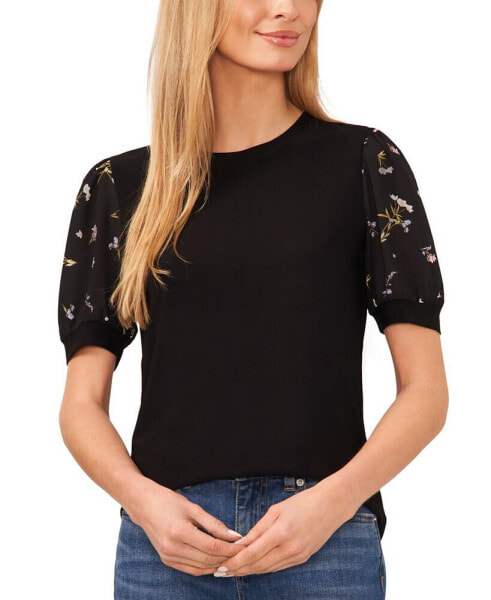 Women's Scattered Floral Mixed-Media Short-Sleeve Top