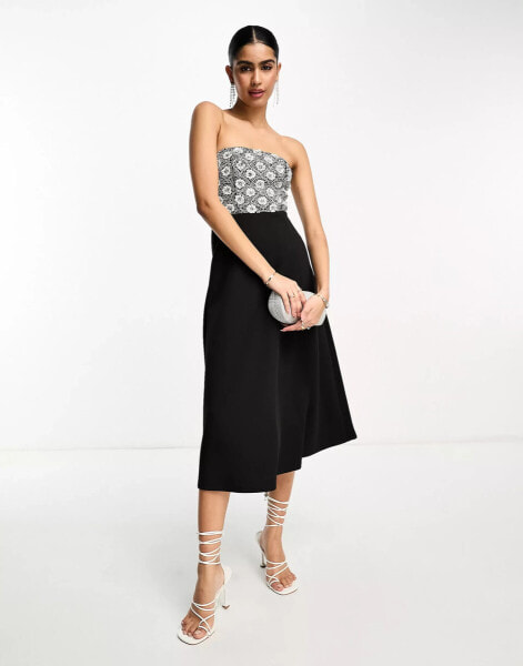 ASOS DESIGN silver sequin embellished bandeau skater midi dress in black