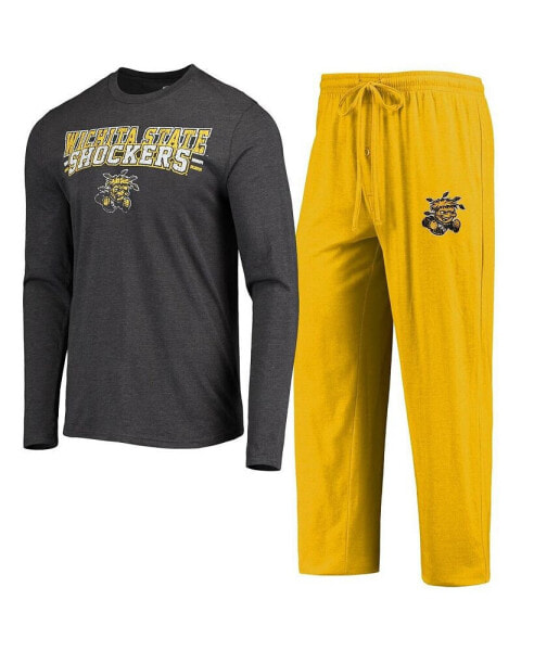Пижама Concepts Sport Мужчины Желтая, Серогареная Wichita State Shockers с длинным рукавом и брюки Sleep Set