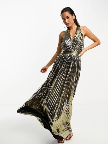 TFNC halterneck pleated maxi dress in gold 