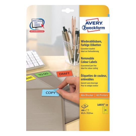 Avery Zweckform Avery L6035-20 - Yellow - Rounded rectangle - Removable - 63.5 x 33.9 mm - A4 - Paper