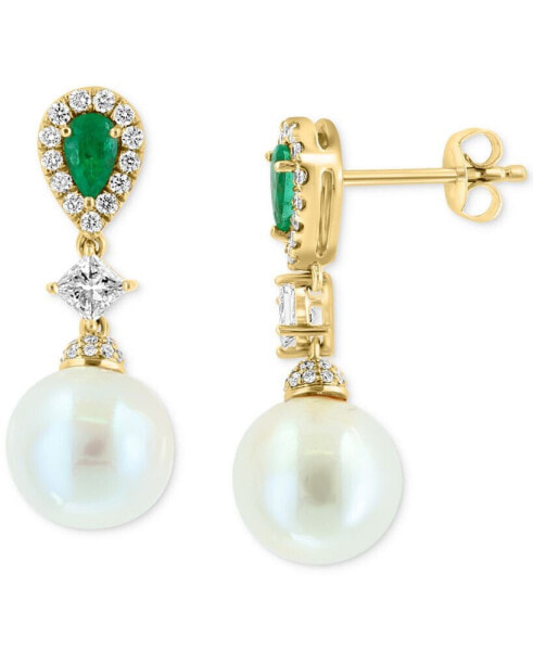 EFFY® Freshwater Pearl (9mm), Emerald (3/8 ct. t.w.) & Diamond (5/8 ct. t.w.) Drop Earrings in 14k Gold