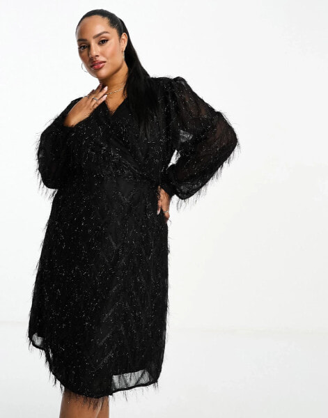 Vila Curve fluffy textured wrap mini dress in black