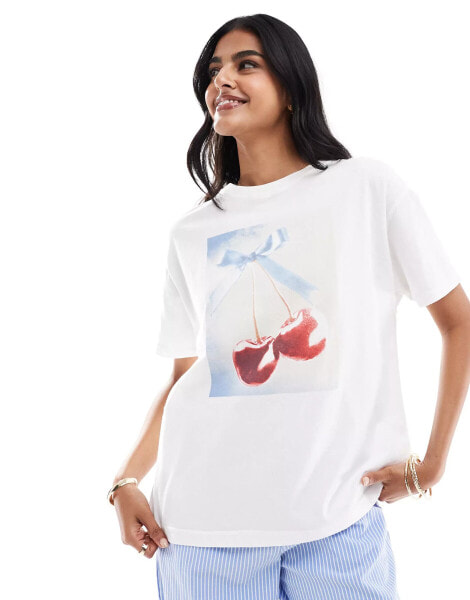 Pull&Bear cherry bow graphic tee in white