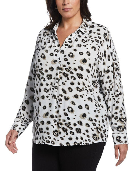 Plus Size Printed Crepe Popover Long Sleeve Blouse