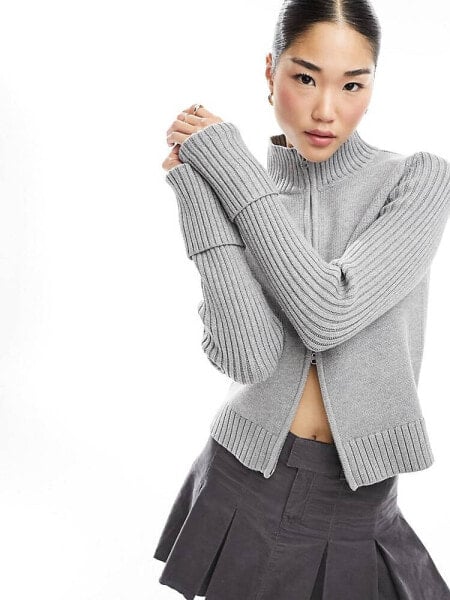 Weekday Winona high neck rib zip-through cardigan in Grey 