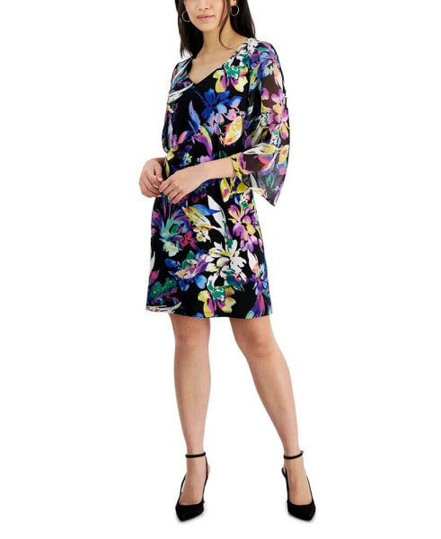 Petite Floral Cape-Sleeve A-Line Dress