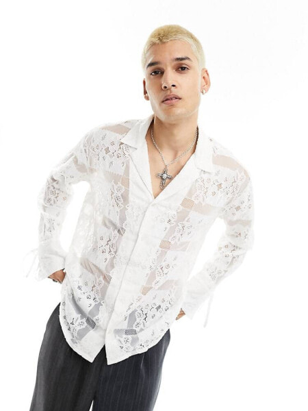 Reclaimed Vintage limited edition long sleeve lace patchwork shirt with tie sleeves