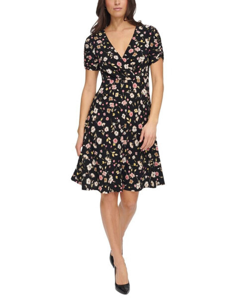 Women's Floral-Print Ruched Sleeve Dress
