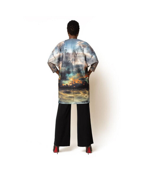 Women's V-Neck ¾- Sleeve Printed Scuba Big Pocket Kimono