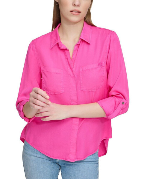 Women's Roll-Tab-Sleeve Button-Front Top