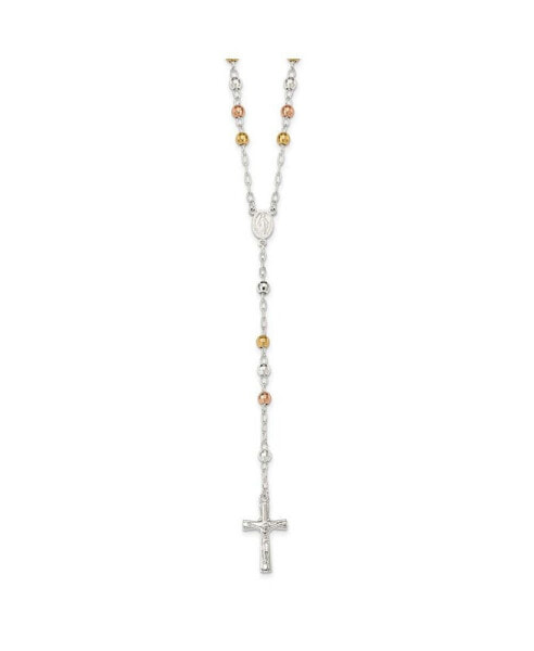 Sterling Silver Polished Textured Bead Rosary Pendant Necklace 26"