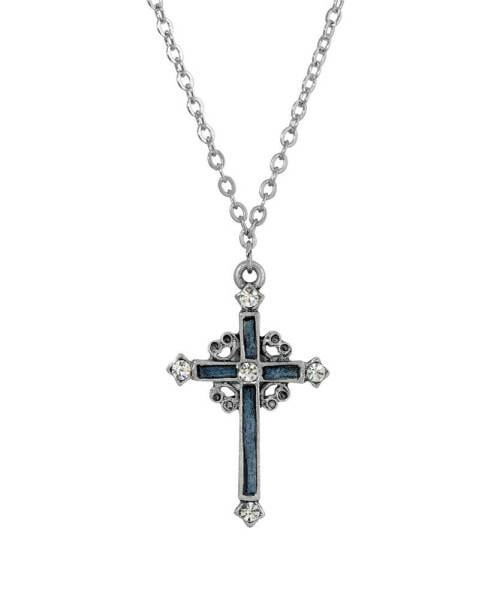 Pewter Blue Hand Enamel Cross with Crystals Necklace