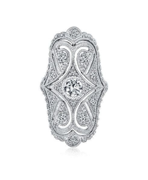 Deco Antique Style Filigree Pave CZ Wide Armor Full Finger Fashion Statement Ring Cubic Zirconia Rhodium Plated Brass