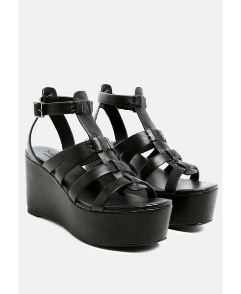 WINDRUSH Cage Wedge Leather Sandal in Black