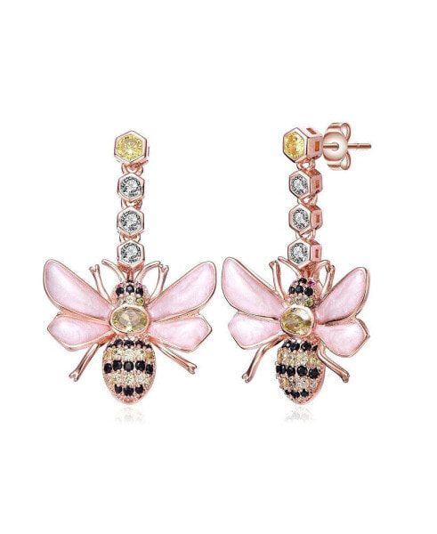 Sterling Silver 18K Rose Gold Plated Clear Cubic Zirconia Floral Drop Butterfly Earrings