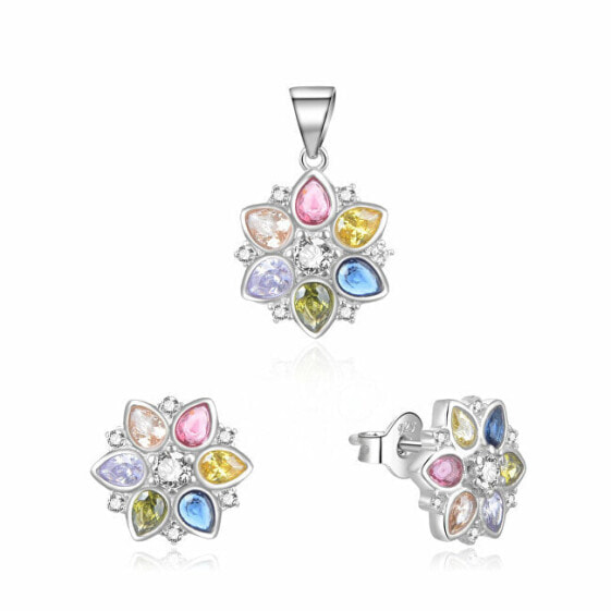 Multicolored silver jewelry set with rhinestones S0000260 (pendant, earrings)