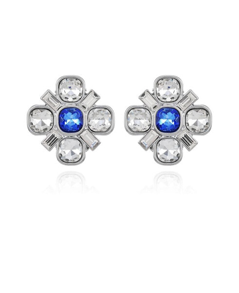Silver-Tone Blue And Clear Glass Stone Flower Clip-On Earrings