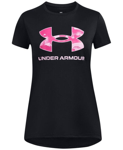 Футболка для девочек Under Armour с ярким принтом и логотипом.