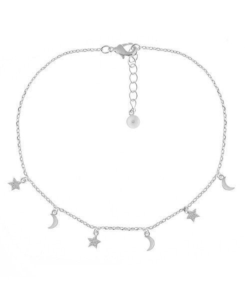 Clear Cubic Zirconia Moon & Star Anklet in Silver Plate