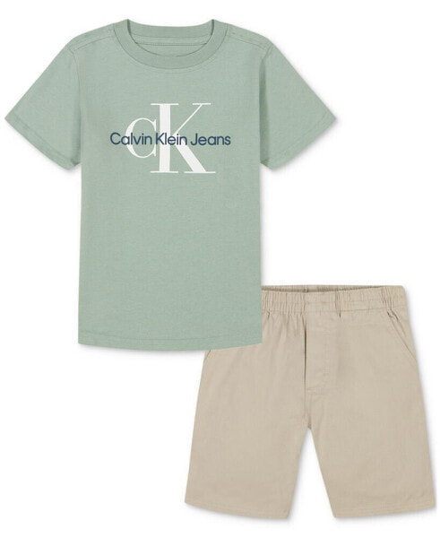 Комплект Calvin Klein для мальчиков из хлопка с коротким рукавом и логотипом + шорты из твиля, 2 шт.