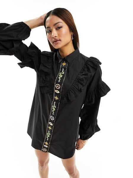 Never Fully Dressed ruffle sleeve embroidered shirt mini dress in black