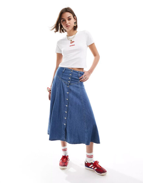 Levi's lightweight denim button through skirt in dark navy wash