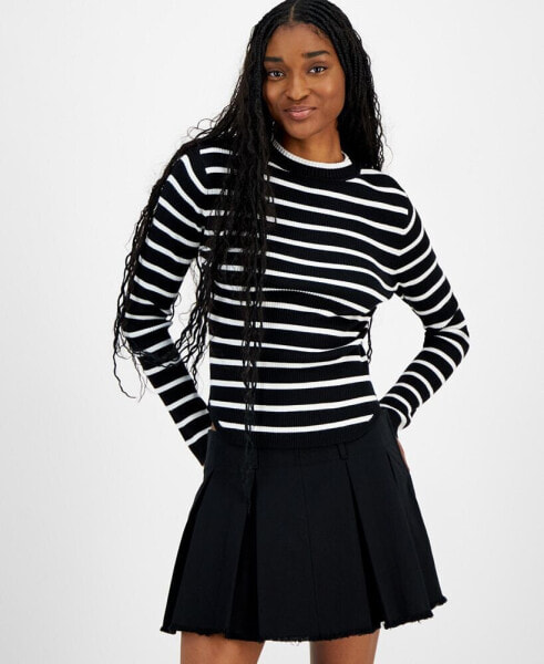 Juniors' Striped Crewneck Long-Sleeve Sweater