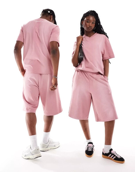 COLLUSION Unisex v neck skate t-shirt co-ord in washed pink