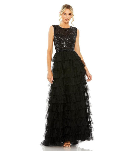 Women's Ruffle Tiered Sequin High Neck Gown