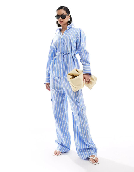 Mango straight leg tie waist striped co-ord trousers in blue