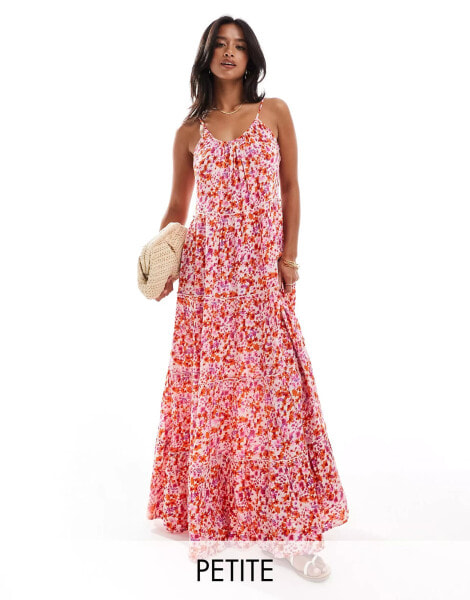 Vila Petite tiered maxi cami dress in pink floral print