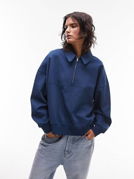 Topshop premium quarter zip collared sweat in navy