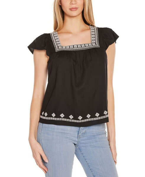 Women's Boho Embroidered Square Neck Top
