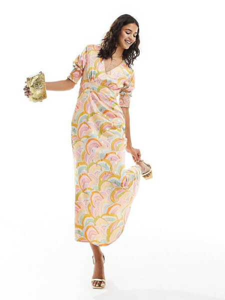 Never Fully Dressed metallic puff sleeve midaxi dress in rainbow print