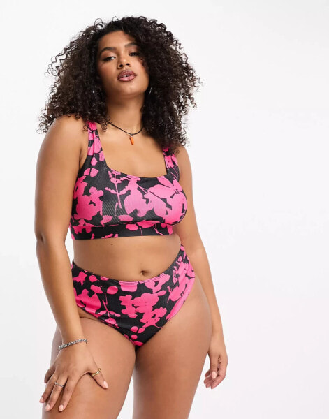 Reclaimed Vintage PLUS square neck bikini top in pop pink floral print