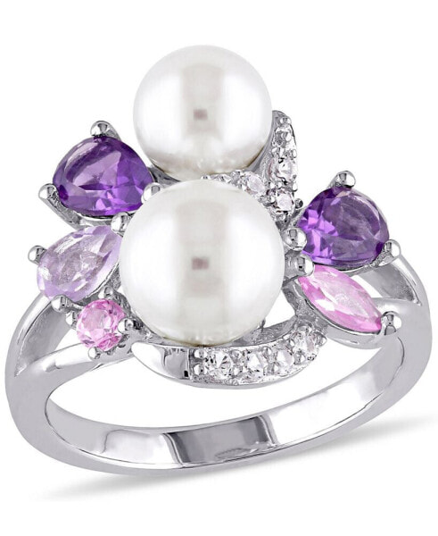 Cultured Freshwater Pearl (6-1/2 & 7-1/2mm) & Multi-Gemstone (1-3/8 ct. t.w.) Cluster Ring in Sterling Silver