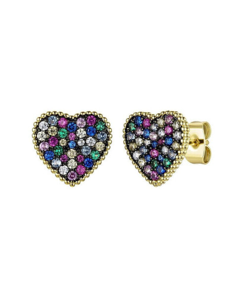 Teens/Young Adults 14k Gold Plated with Multi-Colored Gemstone Cubic Zirconia Pave Heart Stud Earrings