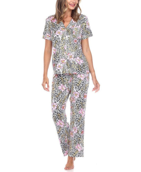 Women's Short Sleeve Pants Tropical Pajama Set, 2-Piece