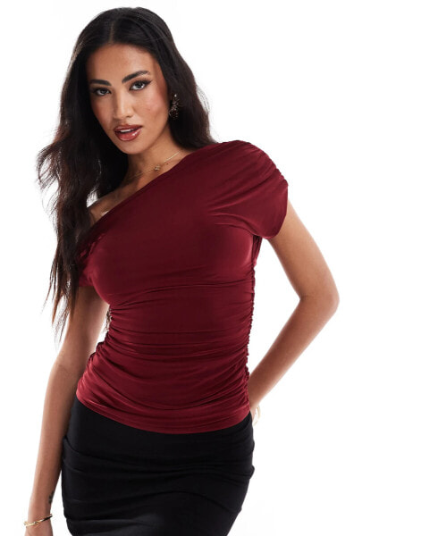 Kaiia slinky off shoulder top in burgundy